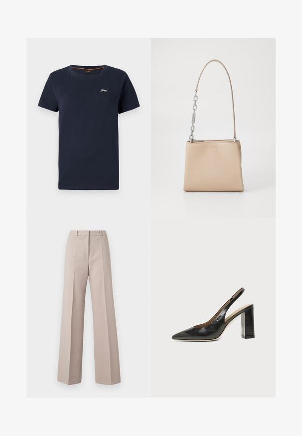 Navyblauwe katoenen T-shirt met een ronde halslijn en korte mouwen. Bevat een witte geborduurde "BOSS"-logo op de linkerborst.; Beige wijde broek van een soepele stof, met een hoge taille, voorkreuken en een op maat gemaakte pasvorm.; Zwarte leren slingback schoen met spits toelopend neusje, hoge blokhak en beige binnenvoering tegen een effen lichte achtergrond.; Beige leren handtas met een gladde textuur, voorzien van een zilveren kettingaccent op het handvat en een ritssluiting. "HUGO" is op de voorkant hotstempeld.