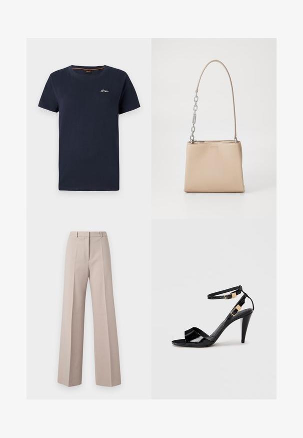 T-shirt en coton bleu marine avec un col rond et des manches courtes. Présente un logo "BOSS" brodé en blanc sur la poitrine gauche.; Pantalons beige à jambes larges en tissu lisse, avec une taille haute, des plis avant et une silhouette ajustée.; Sandale à talon haut en cuir verni noir avec double bride de cheville et boucles dorées, bout ouvert, et talon effilé sur fond neutre.; Sac à main en cuir beige au toucher lisse, avec une accent en chaîne argentée sur la poignée et une fermeture éclair. "HUGO" embouti à l'avant.