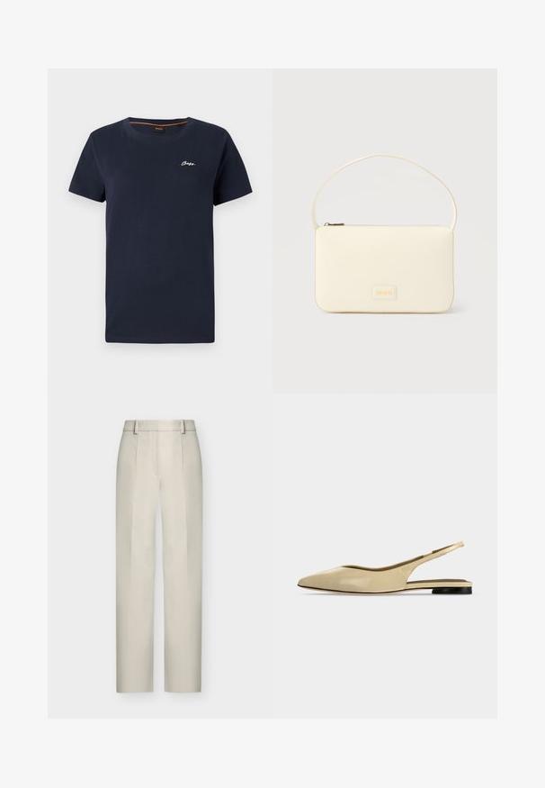 Navyblaue Baumwoll-T-Shirt mit rundem Halsausschnitt und kurzen Ärmeln. Verfügt über ein weißes, aufgenähtes "BOSS"-Logo auf der linken Brust.; Beige Hose mit hoher Taille und geradem Bein, mit Gürtelschlaufen und vorderen Bügelfalten, vor weißem Hintergrund.; Beiger Slingback-Ballerina mit spitzer Kappe, niedrigem schwarzem Absatz und glattem Lederfinish, seitlich auf einfarbigem Hintergrund gezeigt.; Rechteckige Handtasche in Cremefarbe mit einem einzelnen Trageriemen und Reißverschluss oben, ausgestattet mit einer kleinen, geprägten Logoplakette vorne.