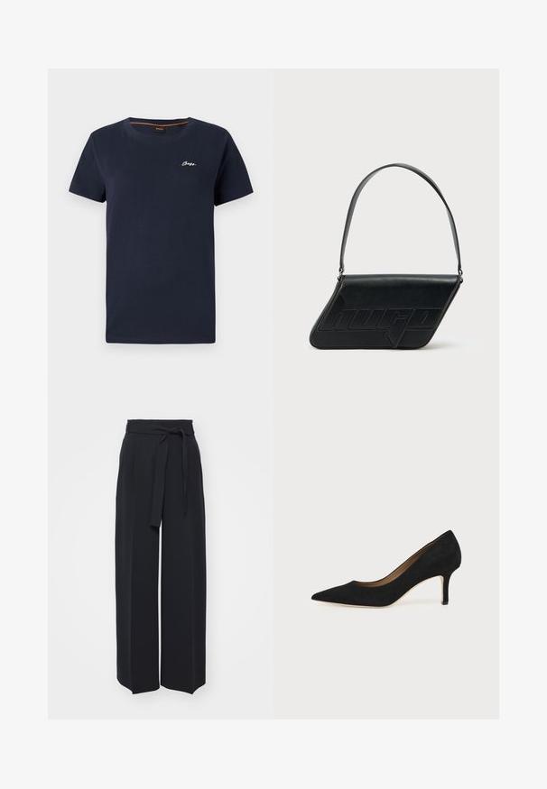 Navyblaue Baumwoll-T-Shirt mit rundem Halsausschnitt und kurzen Ärmeln. Verfügt über ein weißes, aufgenähtes "BOSS"-Logo auf der linken Brust.; Schwarze weite Hosen aus weichem Stoff. Mit einem Gürteltäfelchen und vorderen Falten. Glatte Textur mit einem klaren, modernen Design.; Schwarzer Wildleder-Pumps mit spitzer Schuhspitze, schlankem mittelhohem Stiletto-Absatz und tiefem Ausschnitt auf einfachem Hintergrund.; Schwarze Leder-Umhängetasche mit dreieckiger Form, geprägt mit Logo und einem einzigen verstellbaren Riemen. Minimalistisches Design mit glatter Textur.