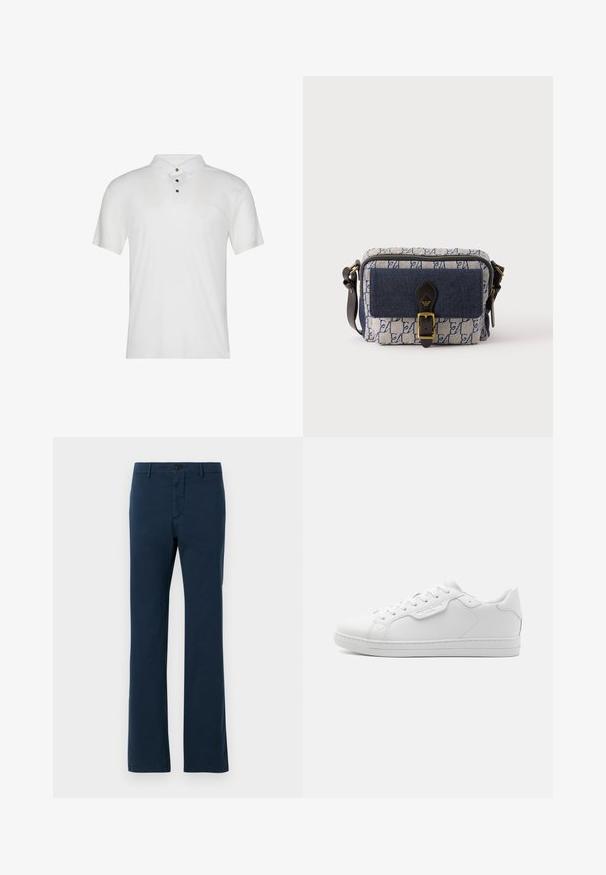 Weißes Poloshirt aus Baumwolle mit kurzen Ärmeln, einem Kragen und drei schwarzen Knöpfen vorne. Glatte Textur mit minimalem Branding.; Himbeerblaue Baumwollhose mit geradem Bein, ausgestattet mit einem vorderen Knopfverschluss und Gürtelschlaufen, glatter Textur und tailliertem Schnitt.; Weiße Ledersneaker mit runder Spitze, sechs Ösen, flachen Schnürsenkeln und minimalistischem Design. Besitzt ein kleines Logo an der Seite.; Kleine rechteckige blau-weiß gemusterte Umhängetasche mit vordere marineblaue Tasche, schwarzem Lederriemen mit Schnalle und verstellbarem Schulterriemen.