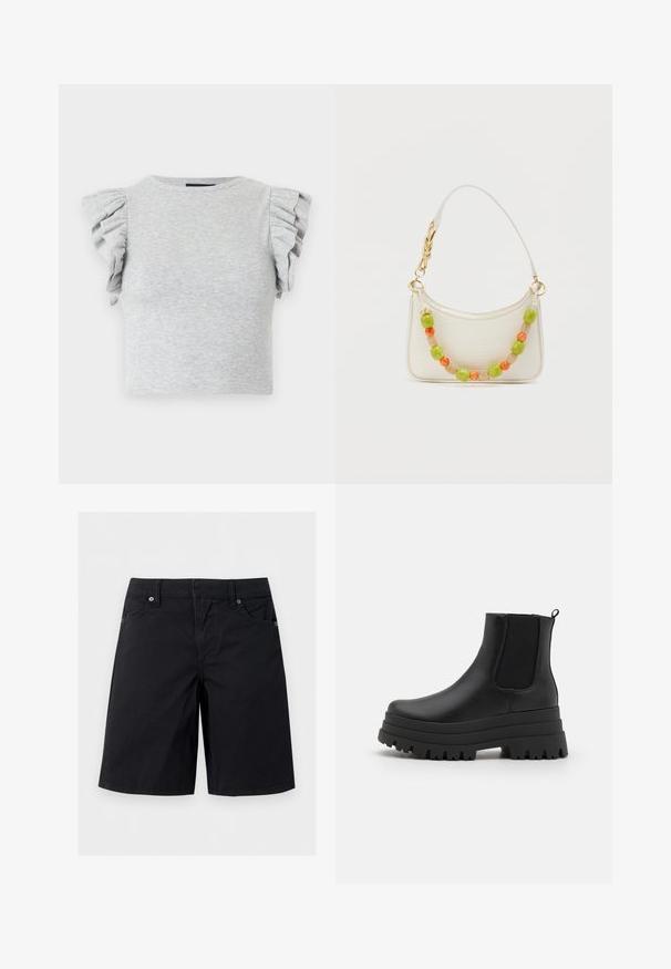 Grå ribbet strikket crop top med korte volangærmer og rund halsudskæring. Glat tekstur, tætsiddende design og ingen synlige grafik eller mønstre.; Sorte knælange shorts med bæltestropper, forreste knap og lynlås samt to forlommer mod en hvid baggrund.; Sorte Chelsea støvler med en kraftig platformsål, glat læderoverdel, elastiske sidepaneler og en hængetab til nem påtagning.; Hvid krokodille-præget håndtaske med et buet design, pyntet med farverige perlebesætninger i grøn, orange og beige, med en guldkæde som rem.