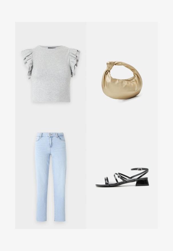 Grå ribbet strikket crop top med korte volangærmer og rund halsudskæring. Glat tekstur, tætsiddende design og ingen synlige grafik eller mønstre.; Lyseblå lige ben jeans lavet af denim, med en standard talje, fem lommer og subtile sømdetaljer.; Sort laklædersandal med lav hæl, flere tynde remme og en lille spændeankelrem på en hvid baggrund.; Guldmetal taske med en glat, shiny overflade. Har et knyttet håndtag og en rund, blød form. Lynlåslukning langs toppen.