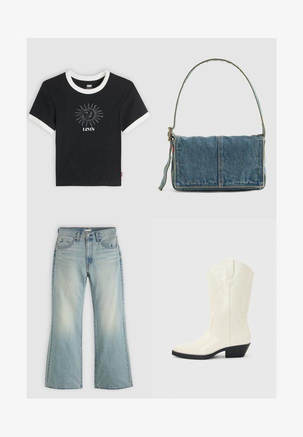 T-shirt noir à manches courtes Levi's avec bordure blanche au col et aux manches, présentant un graphisme blanc de soleil et de lune au-dessus du logo Levi's.; Jean en denim bleu clair avec une taille haute, un bouton et une fermeture éclair à l'avant, cinq poches et des jambes légèrement évasées.; Botte blanche de style western mi-mollet avec bout pointu, talon empilé noir, coutures décoratives et languette de tirage sur la tige.; Sac à épaule en denim avec un design à rabat, couleur bleu clair, couture visible, bandoulière ajustable et accent avec étiquette latérale.