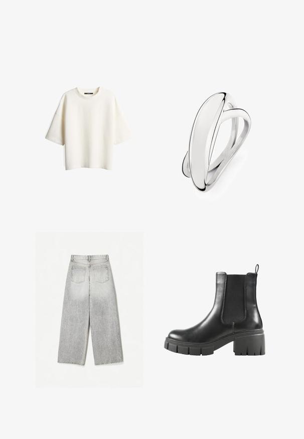 Weißes, strukturiertes Kurzarm-T-Shirt mit Rundhalsausschnitt, das eine lockere Passform bietet und keine sichtbaren Verschlüsse oder Muster aufweist.; Hellegraue Denim-Jeans mit weitem Bein und einem verwaschenen Finish, ausgestattet mit zwei Gesäßtaschen und einem rohen Saum.; Schwarze Leder-Stiefelette mit elastischen Seiteneinsätzen, robuster Gummisohle und einer Schlaufe für einfaches Anziehen. Glatte Oberfläche mit schlankem Design.; Silberner Ring mit glatter, polierter Oberfläche, der ineinander verschlungene Bänder und ein elegantes, minimalistisches Design aufweist. Vor einem weißen Hintergrund präsentiert.