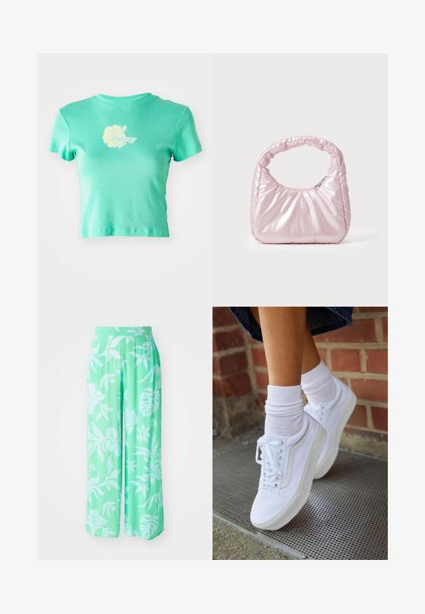 T-shirt court en tissu teal clair avec un motif floral et le logo "ROXY" en blanc et jaune au centre devant. Manches courtes.; Pantalon large vert clair avec un imprimé floral blanc. Fabriqué en tissu texturé, il dispose d'une taille élastique et d'une coupe ample.; Baskets en toile blanches avec semelles en caoutchouc, dotées de six œillets, d'un bout rond et de détails de couture légers, portées avec des chaussettes blanches mi-mollet.; Sac à main rose rembourré avec un design arrondi, fabriqué à partir d'un matériau brillant. Dispose d'une poignée froncée et d'une fermeture éclair pour un accès sécurisé.