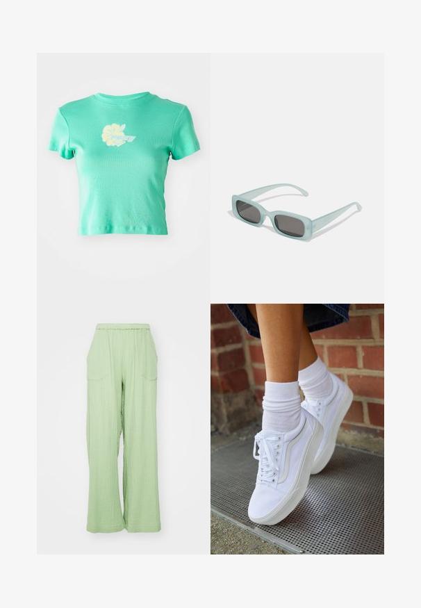 Geknipte t-shirt van lichte teal stof met een bloemendessin en het "ROXY" logo in wit en geel op de voorkant in het midden. Korte mouwen.; Lichtgroene, wijdvallende broek met een elastische tailleband, gestructureerde stof en twee voorzakken. Het ontwerp heeft een ontspannen pasvorm.; Witte canvas sneakers met rubberen zolen, voorzien van zes vetertjes, een ronde neus en lichte stikdetails, gecombineerd met witte enkelsokken.; Een paar rechthoekige zonnebrillen met lichtblauwe doorzichtige monturen en donkergrijze glazen, met rechte pootjes en minimale hardwaredetails.
