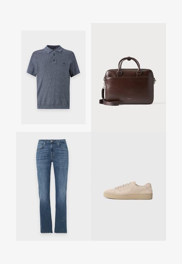 Polo homme à manches courtes avec un motif bleu texturé, trois boutons et un petit logo brodé sur la poitrine gauche.; Jean denim bleu à jambes droites avec poches avant, fermeture à boutons et léger effet délavé sur les cuisses et les genoux.; Baskets en daim beige avec un bout rond, des lacets plats et une semelle en caoutchouc texturé. Design minimaliste avec des bords lisses et des coutures discrètes.; Mallette en cuir marron foncé avec double poignées et bandoulière amovible, forme rectangulaire, texture lisse et poche avant.