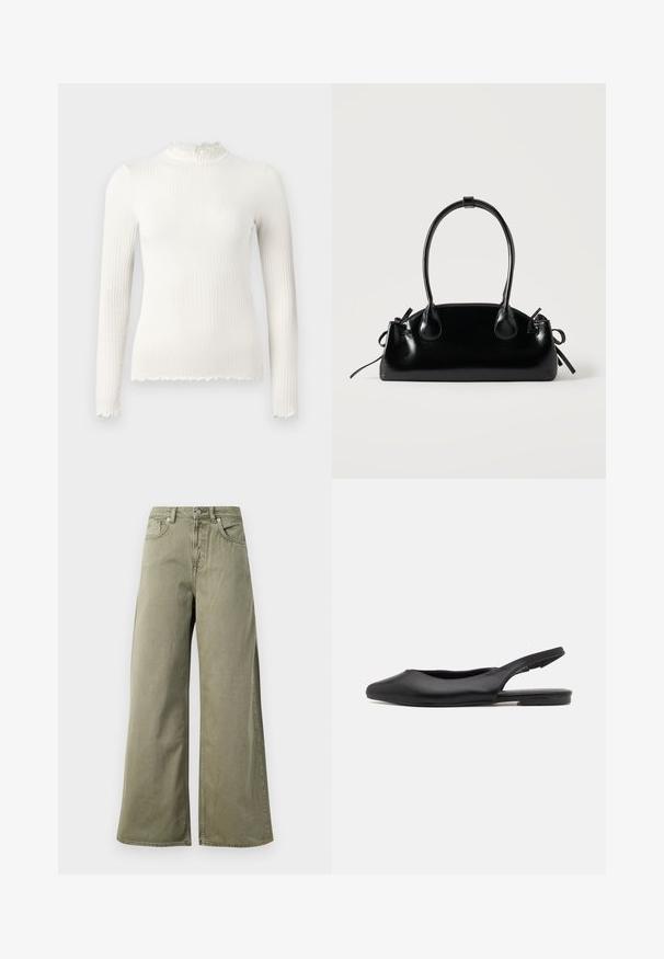 Top blanc à manches longues en maille côtelée avec encolure haute et ourlet à bord ondulé, coupe ajustée, présenté sur un fond uni gris clair.; Jeans taille haute, vert olive, à jambes larges avec bouton avant, fermeture éclair et design à cinq poches sur fond blanc.; Chaussure à talon slingback en cuir noir avec un bout pointu, un talon plat et un design découpé incurvé. Texture lisse et style minimaliste.; Petit sac à main noir brillant avec deux longues anses et des détails à cordon sur les côtés sur un fond clair uni.
