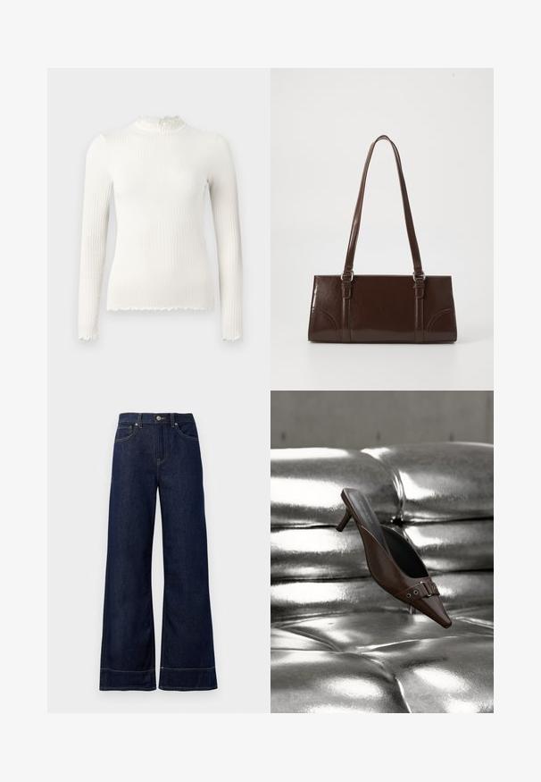 Top blanco de manga larga con textura acanalada, cuello alto y bajo con borde ondulado, estilo entallado, exhibido sobre un fondo liso gris claro.; Jeans rectos de mezclilla color azul oscuro. Presentan un cierre de botón, detalles de costura y bolsillos laterales. Dobladillo acampanado.; Mule de tacón marrón con punta puntiaguda y detalle de hebilla, flotando sobre una superficie de cuero plateado brillante y capitoné.; Bolso de mano de piel sintética marrón con forma rectangular, dos asas largas y sutiles acentos curvados en la parte delantera.