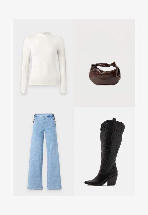 Top blanco de manga larga con textura acanalada, cuello alto y bajo con borde ondulado, estilo entallado, exhibido sobre un fondo liso gris claro.; Jeans de mezclilla de corte ancho en azul claro con una cintura alta, que presentan detalles de botones metálicos a lo largo de los lados y una textura suave, ligeramente desgastada.; Botas negras de cuero hasta la rodilla con punta puntiaguda y tacón apilado. Presentan costuras decorativas y elementos de diseño curvados.; Bolso de hombro de cuero marrón oscuro con una forma suave y caída, y un asa con nudo torcido sobre un fondo blanco liso.