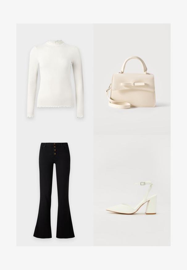 Top blanc à manches longues en maille côtelée avec encolure haute et ourlet à bord ondulé, coupe ajustée, présenté sur un fond uni gris clair.; Jean évasé noir avec taille haute et fermeture à cinq boutons. Fabriqué en denim avec une texture lisse et un léger élasticité pour le confort.; Sandale blanche à talon avec un bout pointu, sangle de cheville réglable et un talon carré épais. Texture lisse avec des détails de couture minimaux.; Petit sac à main beige avec poignée supérieure, bandoulière amovible, rabat avant et nœud horizontal décoratif sur un fond uni.