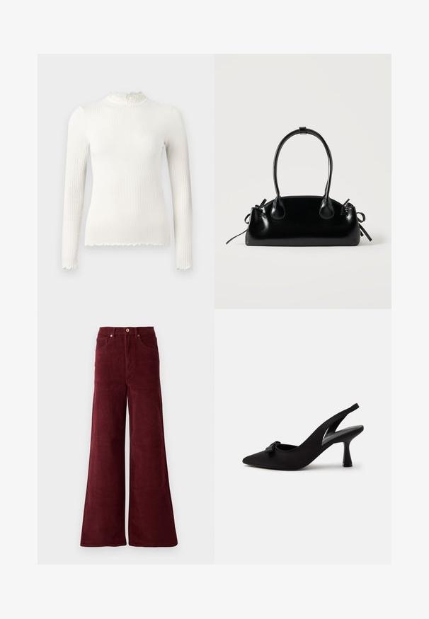 Top blanco de manga larga con textura acanalada, cuello alto y bajo con borde ondulado, estilo entallado, exhibido sobre un fondo liso gris claro.; Pantalones de pana de pierna ancha en burdeos, con una cintura alta, bolsillos frontales y cierre de botón. Tela texturada de canalé en toda la prenda.; Zapato de tacón alto de punta afilada con tira trasera negra, con un pequeño lazo en la parte delantera y tacón estrecho, mostrado sobre un fondo blanco.; Pequeño bolso negro brillante con dos asas largas y detalles de cordón lateral sobre un fondo claro liso.