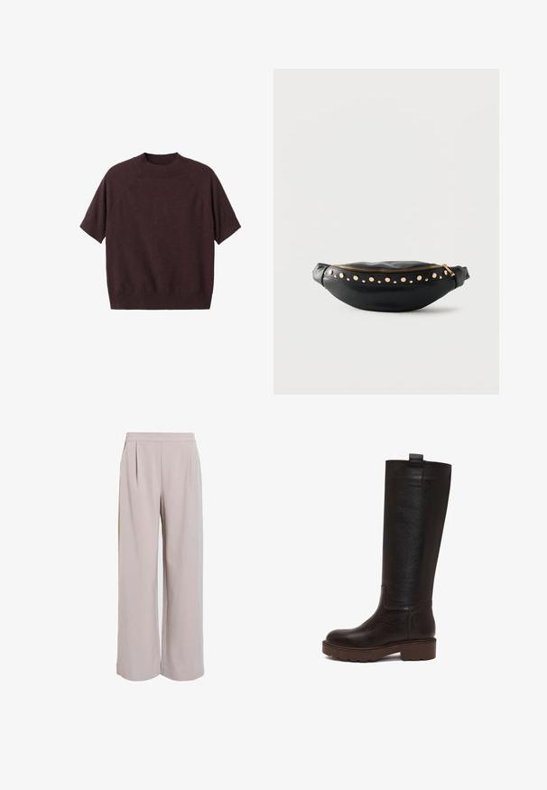 Suéter de manga corta en punto burdeos oscuro. Presenta un cuello redondo acanalado y un ajuste relajado, con mangas raglán y una textura suave.; Pantalones de pierna ancha beige con frente plegado, hechos de una tela suave, con cintura alta y sin bolsillos o cierres visibles.; Bota alta hasta la rodilla de cuero marrón con acabado texturizado, punta redonda y suela gruesa de goma, con una lengüeta en la parte trasera para facilitar su uso.; Bolso de cintura de cuero negro con cremallera dorada y tachuelas redondas doradas en la parte frontal, exhibido sobre un fondo blanco liso.