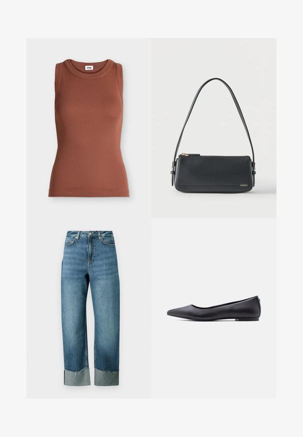 Débardeur marron slim fit en côtes sans manches avec encolure ronde et étiquette de marque à l’intérieur du col.; Jean en denim bleu clair avec une coupe ample et droite. Caractérisé par un ourlet effiloché et un détail de revers contrastant. Conception à cinq poches avec fermeture par bouton.; Chaussure plate en cuir noire à bout pointu avec petit talon, vue de profil sur fond blanc.; Sac à bandoulière rectangulaire en cuir noir avec fermeture éclair dorée et petit logo "HUGO" doré sur le devant, doté d'une sangle réglable avec boucle.