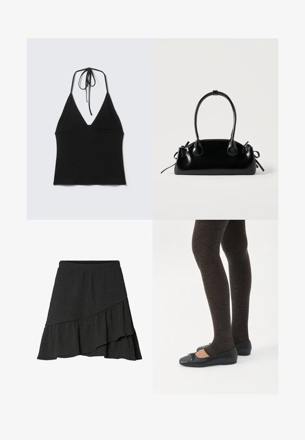 Haut court noir sans manches avec col halter et fines bretelles nouées à l'arrière du cou sur un fond clair uni.; Jupe portefeuille noire à texture, avec ourlet asymétrique à volants et taille élastique.; Jambes portant des leggings côtelés foncés associés à des ballerines noires avec de petits détails en nœud sur fond blanc.; Petit sac à main noir brillant avec deux longues anses et des détails à cordon sur les côtés sur un fond clair uni.