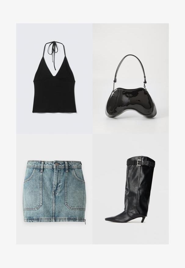 Haut court noir sans manches avec col halter et fines bretelles nouées à l'arrière du cou sur un fond clair uni.; Mini-jupe en denim bleu clair avec un design à cinq poches, des passants de ceinture, une fermeture à bouton en métal et des coutures contrastantes.; Botte noire en cuir, montante jusqu'au genou, avec un bout pointu et un petit talon. Présente une ceinture en haut avec une boucle en métal argenté. Texture lisse.; Sac à main en cuir verni noir avec une forme incurvée unique, une anse courte et ajustable, et une fermeture zippée. Texture lisse avec un branding discret.