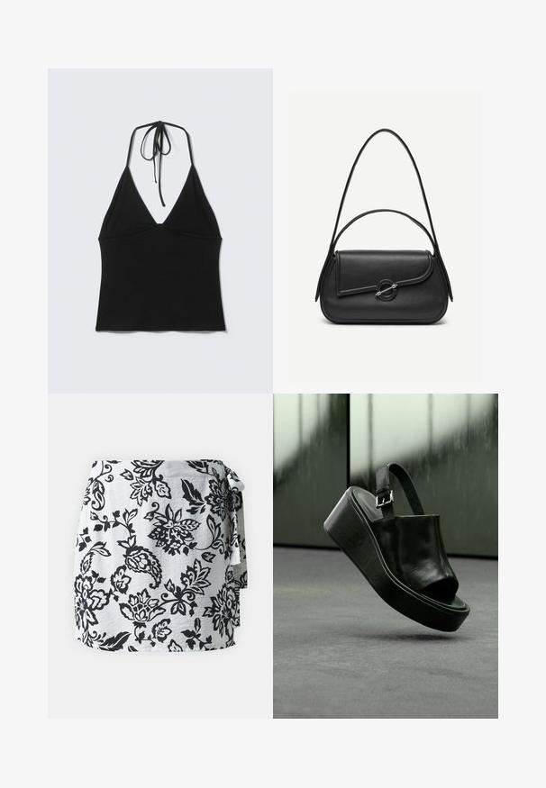 Haut court noir sans manches avec col halter et fines bretelles nouées à l'arrière du cou sur un fond clair uni.; ONLY Petite ONLKIERA SKORT - Jupe portefeuille - black; Sandale à plateforme en cuir noir avec une large bride, orteil ouvert et boucle de cheville réglable, montrée flottant au-dessus d'une surface grise.; Sac à main en cuir noir avec bords arrondis, rabat asymétrique, fermoir circulaire en métal, et des bandoulières courtes et longues.