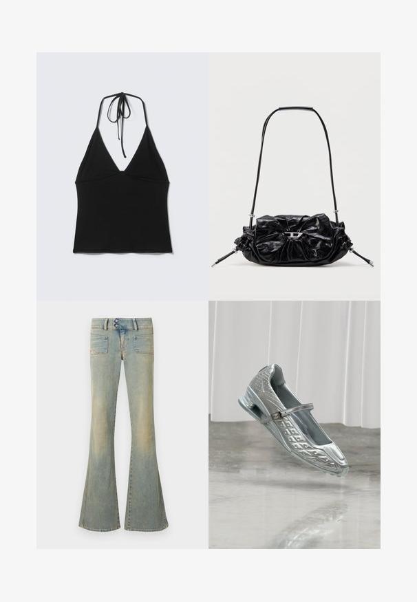 Haut court noir sans manches avec col halter et fines bretelles nouées à l'arrière du cou sur un fond clair uni.; Jean évasé bleu en denim, présentant une finition délavée, deux poches avant, deux poches arrière, et une fermeture à double bouton à la taille.; Chaussure Mary Jane argentée unique avec un design texturé et une bride à boucle, flottant au-dessus d'un sol réfléchissant avec des rideaux blancs en arrière-plan.; Sac à main en cuir noir avec un design froncé et un détail en forme de nœud sur le devant. Dispose d'une poignée courte et d'accents de quincaillerie argentée.