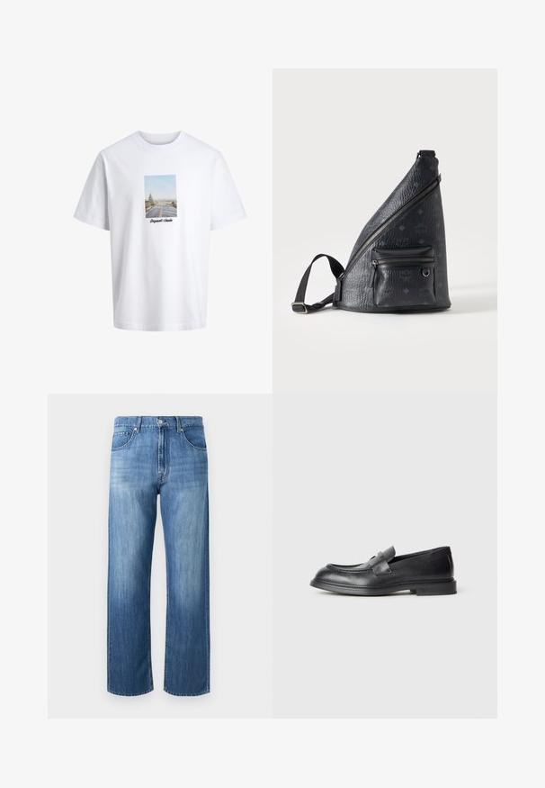 Λευκό T-shirt με κοντά μανίκια, με εκτυπωμένη φωτογραφία ενός δρόμου που εκτείνεται σε ένα τοπίο και το κείμενο "Originals Studio" κάτω από τη φωτογραφία.; Μπλε τζιν παντελόνι με ίσια γραμμή, εμπρόσθιες τσέπες, θηλιές για ζώνη, κούμπωμα με κουμπί και διακριτικά ξεθωριασμένα σημεία στους μηρούς και στα γόνατα.; Μαύρα δερμάτινα μοκασίνια με υφή, με διακοσμητικό λουράκι στο μπροστινό μέρος και στρογγυλεμένη μύτη. Εξωτερική σόλα από καουτσούκ για ανθεκτικότητα.; Μαύρο δερμάτινο τσαντάκι με υφή, με λοξό φερμουάρ, εμπρόσθια τσέπη με φερμουάρ, μικρά ανάγλυφα λογότυπα και ρυθμιζόμενο ιμάντα σε λευκό φόντο.