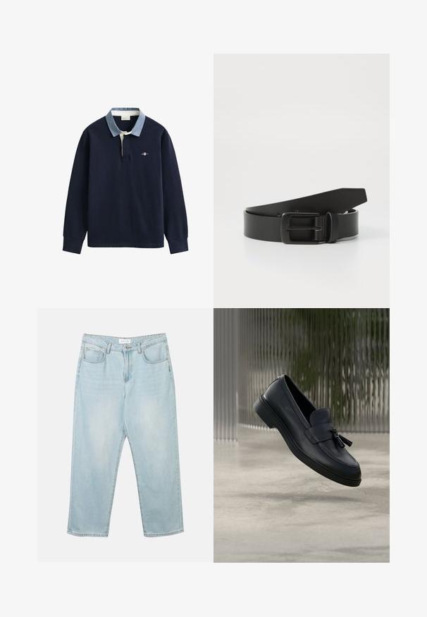 Langærmet marineblå rugbytrøje med lyseblå krave, knapstolpe og et lille broderet GANT-logo på brystet.; Lys blå denim jeans med en afslappet pasform, fem lommer, en knaplukning og subtil fadeeffekt. Teksturen er glat og lidt slidt.; Sorte læderloafers med en glat tekstur, en rundet tå og dekorative kvaster foran. Fleksibel gummisål med lav hæl.; Sort læderbælte med spænde i mat sort metal, der har en glat tekstur og enkelt design. Justerbar længde med en tilspidset ende.