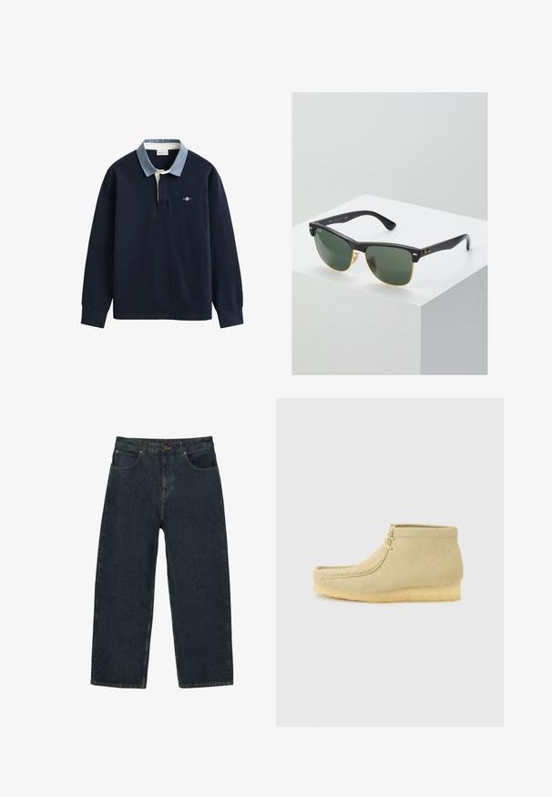 Langærmet marineblå rugbytrøje med lyseblå krave, knapstolpe og et lille broderet GANT-logo på brystet.; Mørkeblå højttaljede denimjeans med lige ben, forlommer, knaplukning og synlige sømme.; Beige ruskindsankelhøj moccasin med kridtsål og snøre foran, sat mod en ensartet lys grå baggrund.; Ray-Ban solbriller med grønne linser, sorte plastikstel og gyldne detaljer ved kanterne. Firkantet form med mat finish.