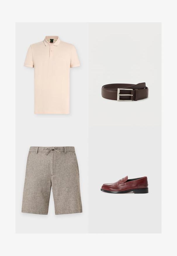 Polo manches courtes beige clair avec col, deux boutons et logo "BOSS" embossé subtil sur la poitrine gauche.; Shorts texturés de couleur brun clair, longueur genou, avec passants de ceinture, cordon de serrage noué et poches latérales, présentés sur un fond uni.; Mocassin en cuir bordeaux avec une finition lisse, des coutures décoratives et un bout arrondi. Il présente un petit talon noir.; Ceinture en cuir marron foncé avec une boucle rectangulaire en argent, soigneusement enroulée sur un fond blanc uni.