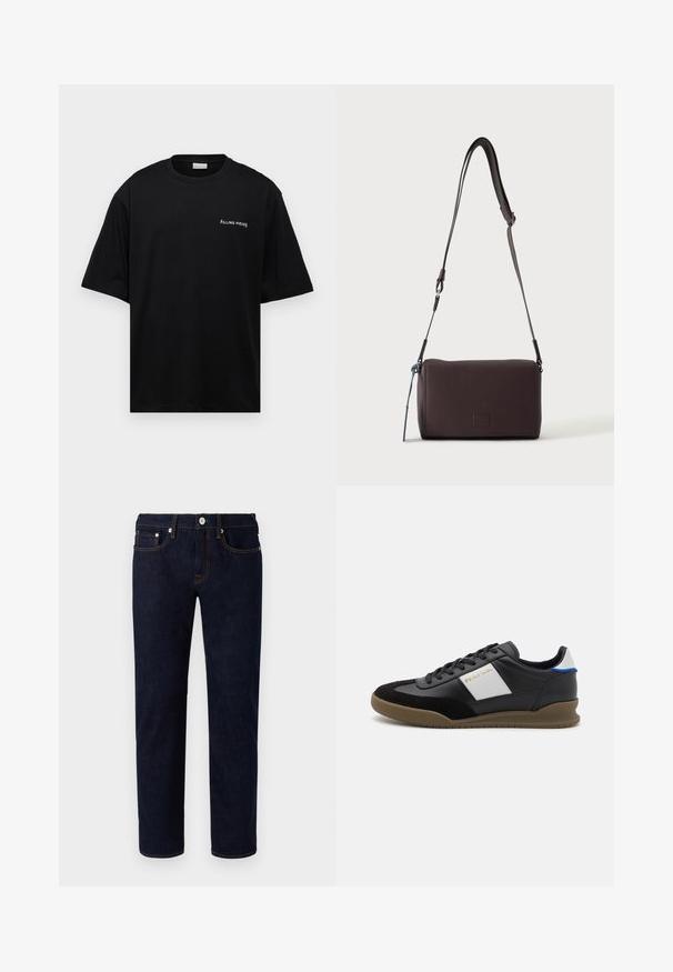 Čierne bavlnené tričko s voľným strihom, krátkymi rukávmi a bielym logom "FILLING PIECES" na ľavej hrudi. Hladká textúra.; Tmavomodré denimové džínsy s rovnými nohavicami, zdobené oranžovým prešívaním, piatimi vreckami a predným zapínaním na gombík.; Čierne kožené a semišové tenisky s šedým panelom, hnedou gumovou podrážkou a modrým akcentom na päte. Obsahujú šnúrky a embosované logo.; Tmavohnedá kožená crossbody taška s textúrou, nastaviteľným popruhom a malým dekoratívnym modrým prvkom na boku.