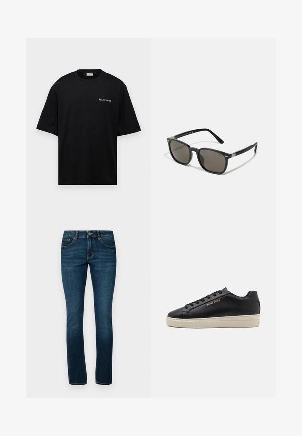 T-shirt en coton noir avec une coupe décontractée, des manches courtes et un logo blanc "FILLING PIECES" sur la poitrine gauche. Texture lisse.; Jean en denim bleu foncé avec une coupe droite classique, design à cinq poches et fermeture en métal résistante à la taille.; Sneaker en cuir noir avec une finition lisse, semelle crème contrastante, bout arrondi, logo doré sur le côté et six œillets pour les lacets.; Polo Ralph Lauren Lunettes de soleil - shiny black