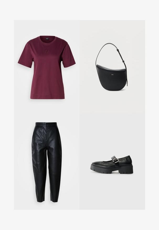 Camiseta de manga corta burdeos hecha de algodón suave, con un escote redondo y un detalle de logo bordado en el pecho.; Pantalones de cuero negros de talle alto y corte ajustado con cremallera frontal y detalles de costura en las rodillas sobre un fondo blanco liso.; Zapatos Mary Jane de cuero negro con suela de plataforma gruesa, punta redonda y detalle de hebilla lateral. Textura suave con costuras mínimas.; Bolso de hombro de cuero negro en forma de media luna, con correa ajustable y logo dorado "BOSS" centrado en el frente.