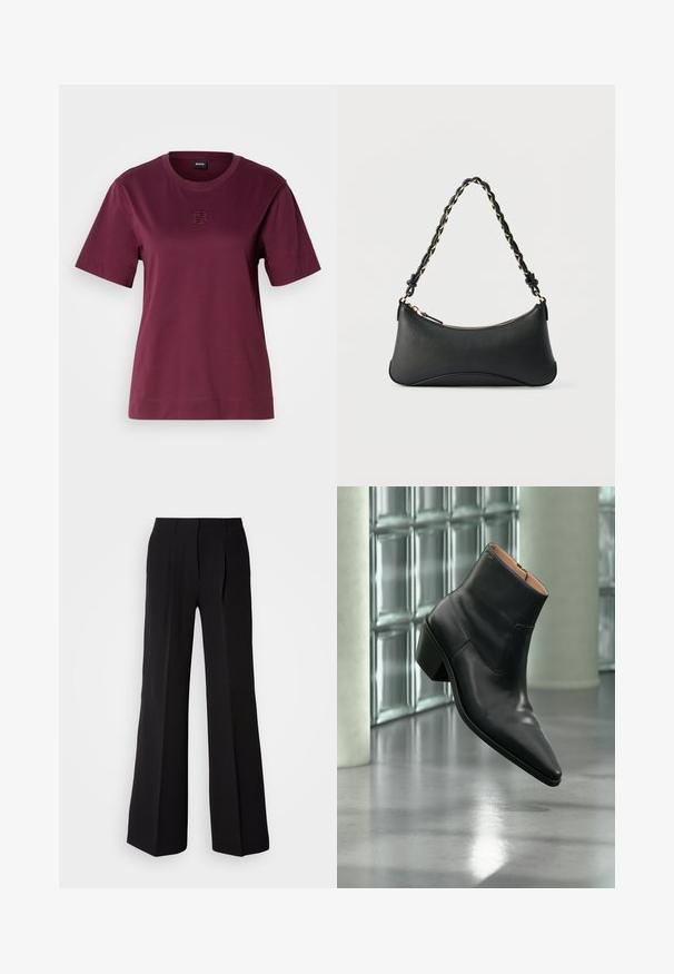 Camiseta de manga corta burdeos hecha de algodón suave, con un escote redondo y un detalle de logo bordado en el pecho.; Pantalones negros de tejido suave, con cintura alta, silueta de pierna ancha y dos pliegues frontales para añadir detalle de diseño.; Botín de piel negra con puntera puntiaguda y tacón cuadrado que levita sobre un suelo gris reflectante cerca de una pared de bloques de cristal.; Bolso de hombro de cuero negro con forma rectangular curvada, cadena dorada entrelazada en una correa negra trenzada y cierre superior con cremallera.