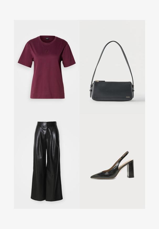 T-shirt bourgogne à manches courtes en coton doux, avec un col rond et un détail de logo brodé sur la poitrine.; Pantalons large en faux cuir noir, taille haute, avec un devant plissé et une texture lisse. Caractéristiques d'un design épuré et minimaliste.; Chaussure slingback en cuir noir à bout pointu avec un talon bloc haut et une doublure intérieure beige sur un fond clair uni.; Sac à bandoulière rectangulaire en cuir noir avec fermeture éclair dorée et petit logo "HUGO" doré sur le devant, doté d'une sangle réglable avec boucle.