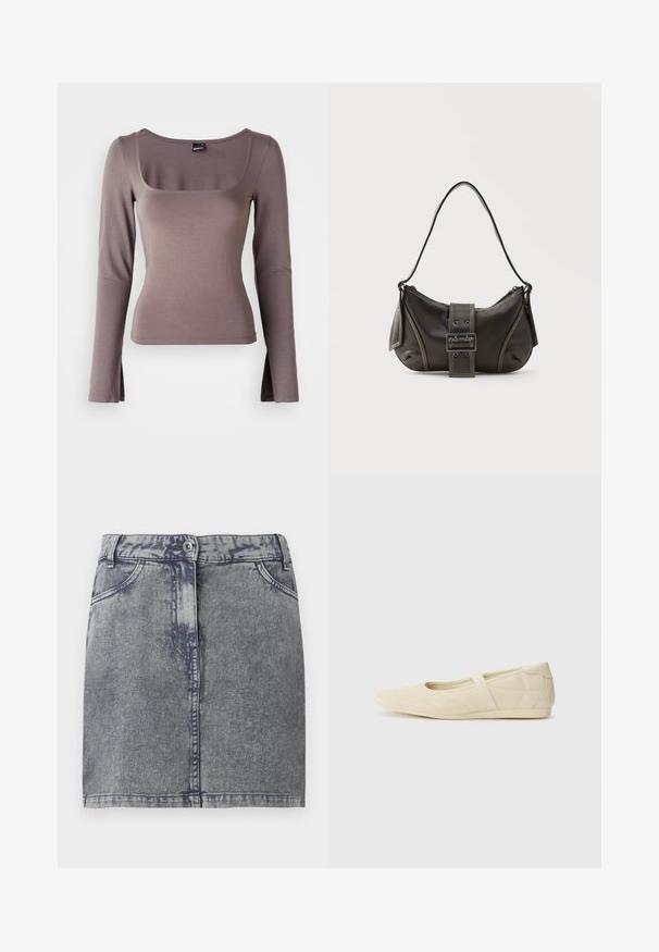 Top de manga larga en una suave tela marrón. Presenta un escote cuadrado y aberturas laterales en el dobladillo. Textura suave con un diseño ceñido.; Mini falda de mezclilla en gris con un lavado descolorido, con bolsillos frontales, cierre de botón y dobladillo recto. Tejido texturizado.; Bailarinas beige con un exterior de cuero liso, punta en forma de almendra y una correa elástica en el empeine, con detalles de costura sutiles.; Bolso de hombro de cuero negro con detalle de correa con hebilla, bordes curvos y costuras blancas en contraste sobre un fondo liso.