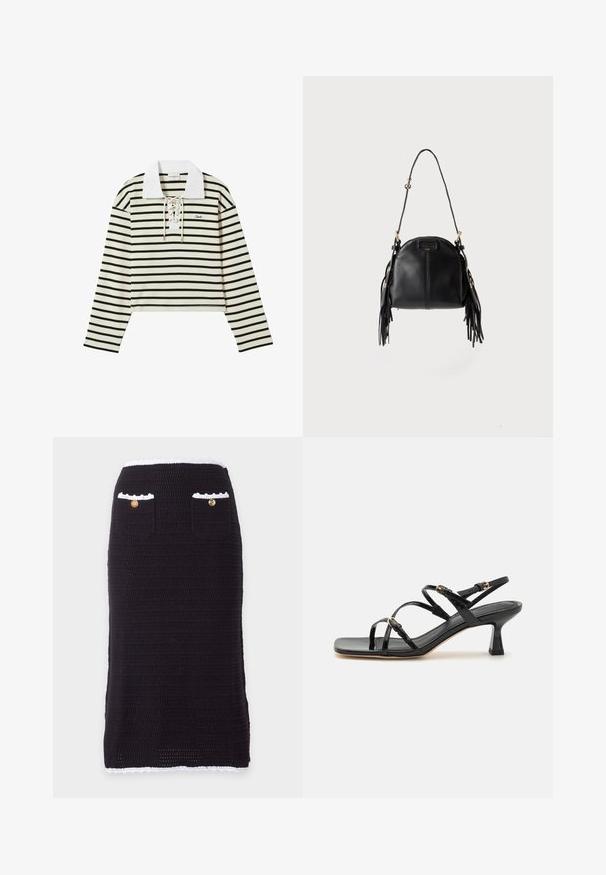 Top de manga larga a rayas en crema y negro, con un cuello blanco y un frente con cordones. Presenta un diseño corto y un pequeño logo en el lado izquierdo del pecho.; Falda lápiz de punto negra con ribete blanco en la cintura y el dobladillo, con dos bolsillos delanteros, cada uno con un botón dorado.; Sandalias de charol negro con tiras, punta cuadrada y un bajo tacón en bloque. Presenta herrajes en tono dorado y correas en el tobillo ajustables.; Bolso de piel negra con forma curvada, correa larga ajustable y detalles de flecos en ambos lados sobre un fondo claro.