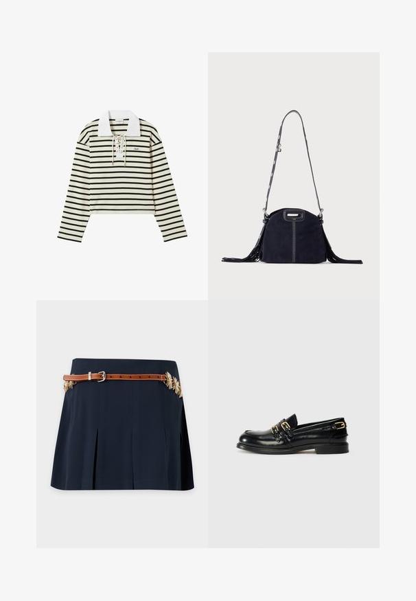 Top de manga larga a rayas en crema y negro, con un cuello blanco y un frente con cordones. Presenta un diseño corto y un pequeño logo en el lado izquierdo del pecho.; Falda plisada azul marino con un cinturón marrón delgado y adornos florales dorados en los lados.; Mocasines de cuero negro con un acabado brillante, que presentan dos hebillas doradas y un tacón bajo. Textura suave con diseño de punta redonda.; Bolso de mano de ante azul oscuro con costuras blancas, asa recortada, correa de hombro estampada y largas borlas de flecos en ambos lados.