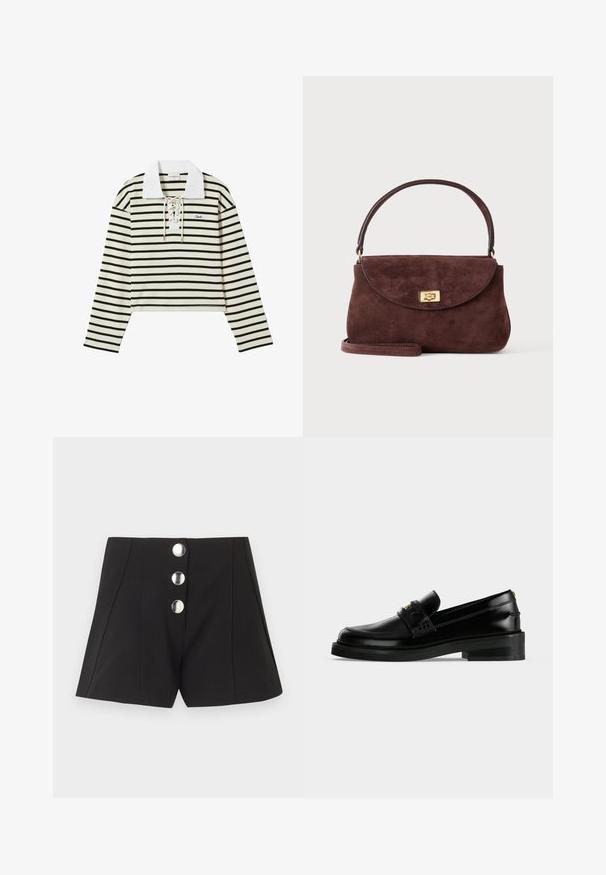 Top de manga larga a rayas en crema y negro, con un cuello blanco y un frente con cordones. Presenta un diseño corto y un pequeño logo en el lado izquierdo del pecho.; Shorts negros de talle alto con tres grandes botones plateados en la parte delantera y detalle de costuras verticales visibles.; Mocasín de cuero negro pulido con tacón bajo de bloque, costura moc toe y una correa decorativa en la parte superior.; Pequeño bolso de mano de ante marrón con solapa curva, cierre giratorio dorado, asa corta y correa de hombro opcional sobre un fondo liso.