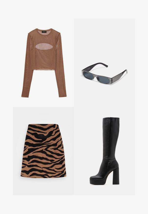 Barna hálós, hosszú ujjú crop top, kerek nyakkivágással és kivágással a mellrészén. Könnyű anyag, áttetsző textúrával.; Vero Moda VMSHILAH NAJA SHORT SKIRT - A-vonalú szoknya - brown lentil/perla; Fekete, térd fölé érő csizmák sima bőrből, struktúrált felülettel, magas tömbsarokkal és kerek orral.; Fekete napszemüveg szürke lencsékkel, apró fémszemcsés strasszokkal díszített rácsos mintázattal a keret mentén. Simább felület, szögletes dizájn.
