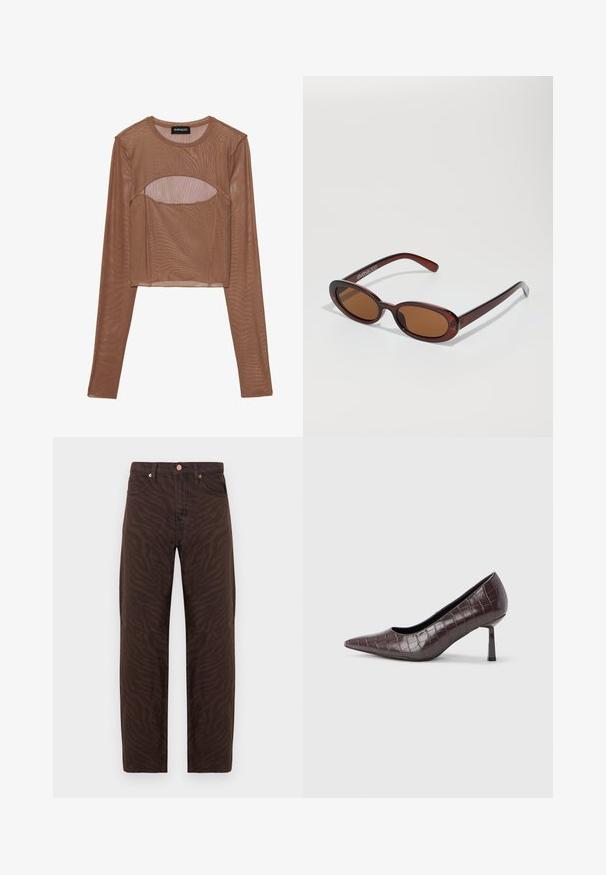 Haut court à manches longues en maille marron, avec un col rond et un détail découpé au niveau de la poitrine. Tissu léger avec une texture transparente.; Jeans marron taille haute avec imprimé zèbre foncé, cinq poches, fermeture à bouton et coupe droite, sur fond blanc.; Escarpins à bout pointu en similicuir marron avec une texture crocodile, dotés d’un talon fin et angulaire ainsi que d’une doublure intérieure lisse.; Lunettes de soleil rondes teinte brun avec une monture bordeaux brillante. Branches fines avec un détail de marque subtil. Design de verres plats.
