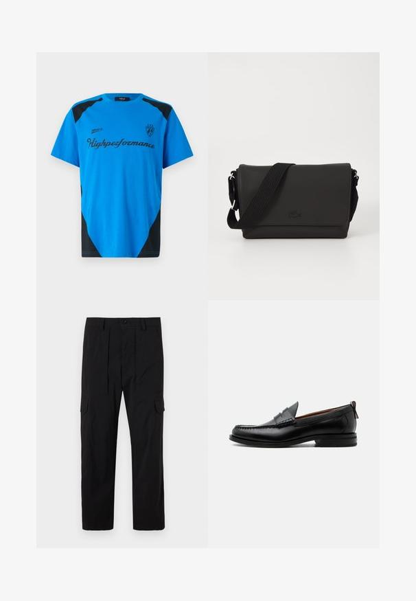 Replay SHORT SLEEVE GRAPHIC - T-shirt print - azzurro; Zwarte cargobroek van lichtgewicht stof, met een rechte pijpdesign, voorplooien, zijzakken en een knoopsluiting.; Zwarte leren herensloffen met moc toe stiksel, pennyriem, gestructureerde kraag en lage gestapelde hak op witte achtergrond.; Lacoste MESSENGER BAG MEN CLASSIC - Schoudertas - noir