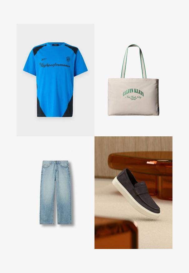 Replay SHORT SLEEVE GRAPHIC - Printtipaita - azzurro; Vaaleansiniset suorat farkut, joissa viisi taskua ja nappikiinnitys, esitetty valkoisella taustalla.; Tummanharmaa mokkanahkainen liukusäädin valkoisella pohjalla, kelluu beigeä mattoa vasten, taustalla vaaleanruskean läpikuultava huonekalu.; Beigenvärinen kestokassi vihreillä somisteilla varustetuissa kahvoissa, etupuolella vihreällä kirjailtu "Calvin Klein New York City" -teksti.