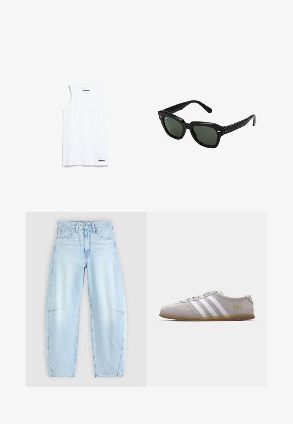 Witte tanktop gemaakt van katoen. Voorzien van brede schouderbanden en een ronde halslijn. Inclusief een klein merkje aan de onderkant links.; Lichtblauwe denimjeans met een ontspannen pasvorm, voorzien van een hoge taille, vijf-pocketontwerp en subtiele vervaging met rafelige zoomdetails.; Grijze suede sneaker met witte leren strepen en gouden logo detail. Platte gum zool, ronde neus en klassiek vetersluitingssysteem.; Zwarte vierkante zonnebril met donker groene lenzen, uitgerust met gedurfde monturen en zilveren accenten aan de zijkanten. Gemaakt in Italië.