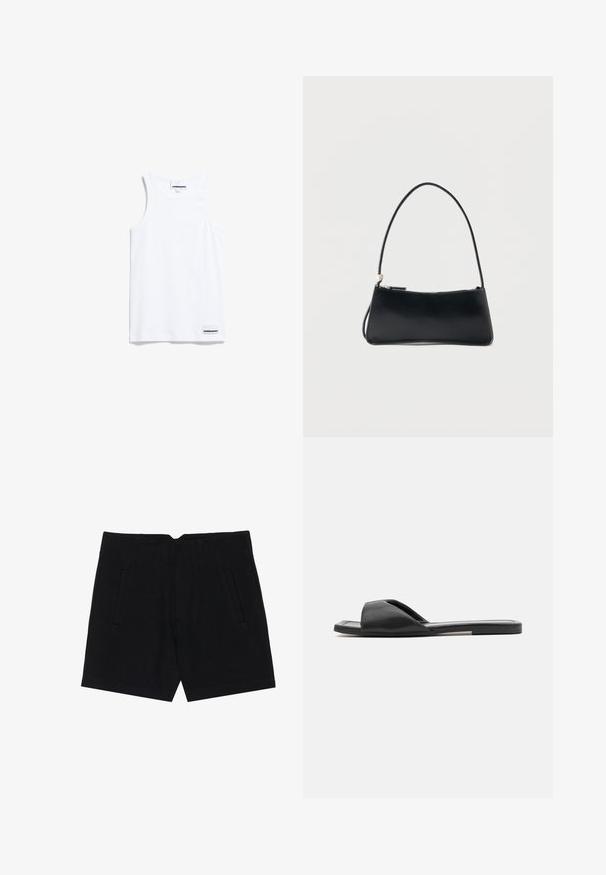 Witte tanktop gemaakt van katoen. Voorzien van brede schouderbanden en een ronde halslijn. Inclusief een klein merkje aan de onderkant links.; Zwarte shorts van een gladde stof, met zijzakken, een getailleerde pasvorm en gestikte plooien aan de voorkant voor een nette silhouet.; Zwarte slidesandalen hebben een soepele synthetisch materiaal, open teen ontwerp en een platte zool met een minimale accentstreep aan de zijkant.; Zwart rechthoekig handtasje met een dunne band en ritssluiting, afgebeeld tegen een effen witte achtergrond.