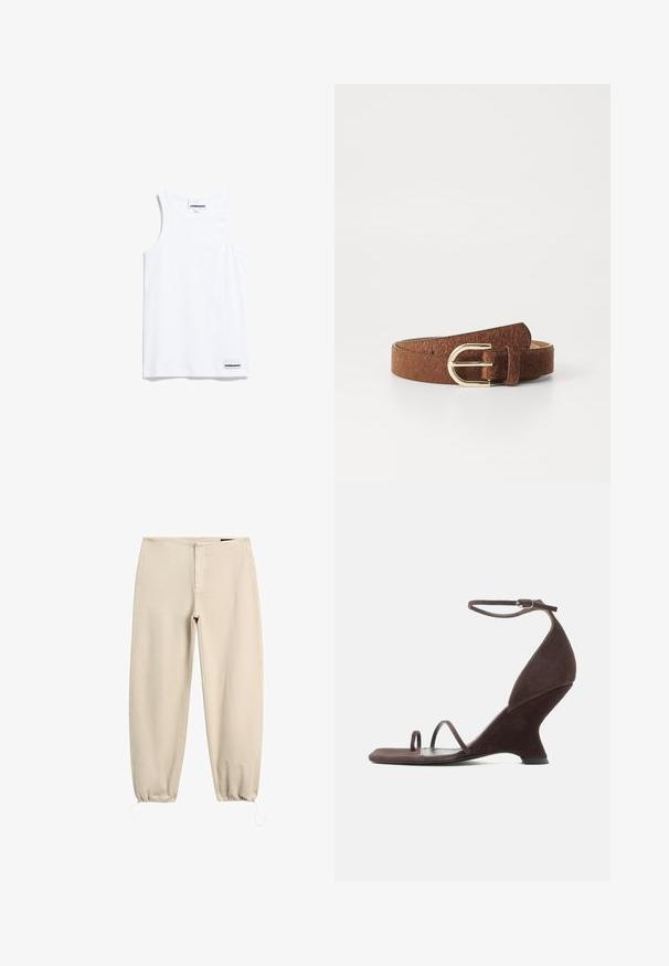 Weißes Tanktop aus Baumwolle. Verfügt über breite Träger und einen abgerundeten Halsausschnitt. Enthält ein kleines Markenlabel unten links.; Beige Freizeithose mit elastischen Kordeln an den Bündchen und einer glatten Vorderseite, dargestellt vor weißem Hintergrund.; Dunkelbraune Wildleder-Sandalette mit hohem Absatz, skulpturiertem Keilabsatz, Knöchelriemen mit Schnalle und zwei schlanken Zehenriemen auf flacher Sohle.; Brauner Kunstfellgürtel mit glatter Textur, ausgestattet mit einer goldfarbenen Metallschnalle und einem klassischen Design, das sich für verschiedene Outfits eignet.
