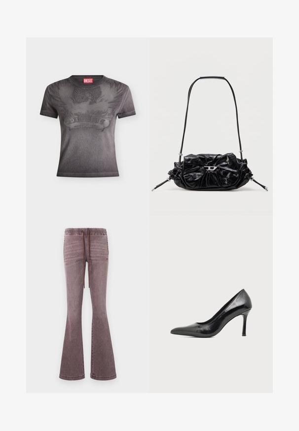 T-shirt noir Diesel à manches courtes avec un motif en relief d'aigle et de flammes ainsi qu'une étiquette rouge avec le logo Diesel au niveau du col.; Pantalon flare lavé violet avec taille élastique et cordon de serrage à l'avant, doté de poches latérales et d'un logo cœur rouge subtil sur la cuisse droite.; Chaussure à talon haut pour femme en cuir verni noir avec bout pointu et talon fin sur fond clair uni.; Sac à main en cuir noir avec un design froncé et un détail en forme de nœud sur le devant. Dispose d'une poignée courte et d'accents de quincaillerie argentée.