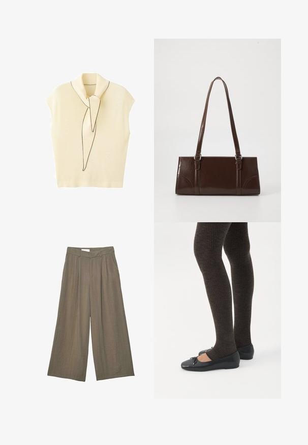 Haut sans manches en maille jaune pâle avec un doux foulard à nouer. Présente un subtil contour noir, une coupe décontractée et une texture lisse.; Pantalon taupe à jambes larges et taille haute, avec plis sur le devant, poches latérales, passants pour ceinture et fermeture éclair dissimulée à l’avant.; Jambes portant des leggings côtelés foncés associés à des ballerines noires avec de petits détails en nœud sur fond blanc.; Sac à main en cuir verni marron de forme rectangulaire, avec deux longues poignées et des accents courbés subtils à l'avant.