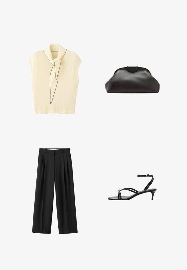 Haut sans manches en maille jaune pâle avec un doux foulard à nouer. Présente un subtil contour noir, une coupe décontractée et une texture lisse.; Pantalon noir à jambes larges avec plis devant, passants pour ceinture et fermeture avant dissimulée.; Sandale noire à brides avec petit talon kitten, bride à boucle à la cheville et petit détail décoratif doré sur la bride avant.; Pochette en cuir noir souple avec un cadre arrondi et une petite fermeture à languette en haut au centre.