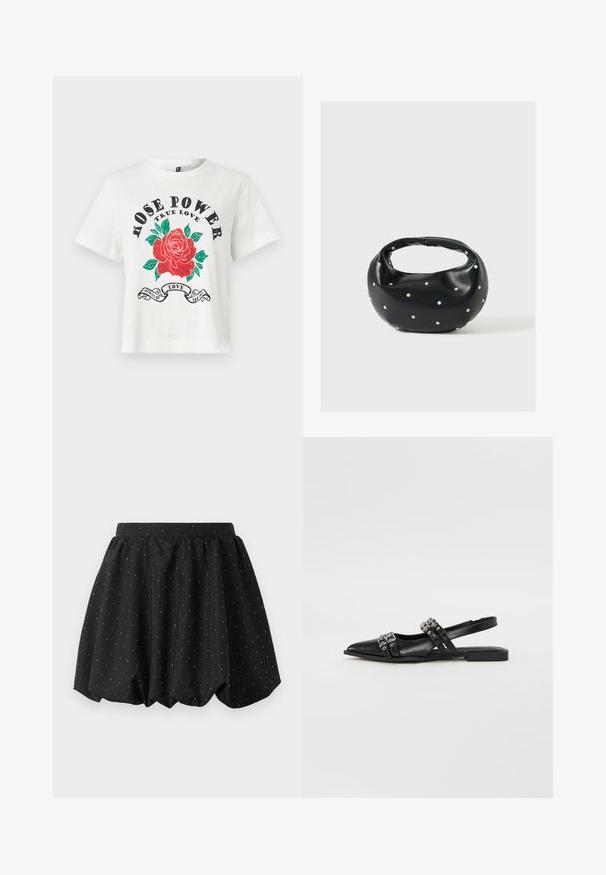 Λευκό βαμβακερό t-shirt με κοντά μανίκια, στρογγυλή λαιμόκοψη και γραφικά μπροστά ενός κόκκινου τριαντάφυλλου με πράσινα φύλλα και το κείμενο "ROSE POWER TRUE LOVE" σε μαύρο χρώμα.; Μαύρη φούστα σε στιλ μπαλονάκι με ελαστική μέση και λευκό σχέδιο με πουά. Κατασκευασμένη από ελαφρύ ύφασμα, διαθέτει όγκο και καμπυλωτό στρίφωμα.; Even&Odd Μπαλαρίνες με λουράκι στον αστράγαλο - black; Μαύρη δερμάτινη τσάντα χειρός με στρογγυλεμένο σχήμα, διακοσμημένη με ασημένιες λεπτομέρειες με καρφιά και κοντή λαβή. Λείο υλικό και κλείσιμο με φερμουάρ.