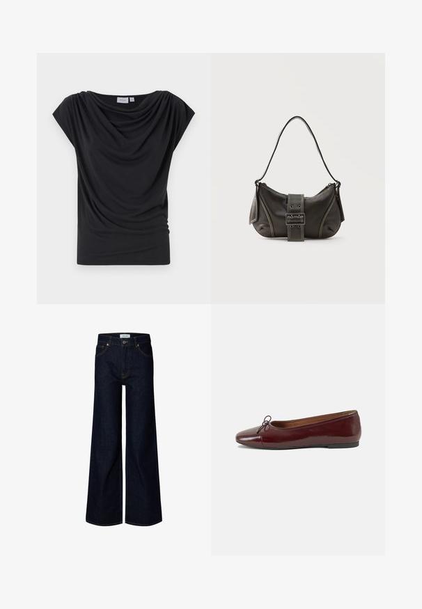 Zwarte hangende t-shirt van zachte stof, met een ruime halslijn en korte cap mouwen. Glad textuur met geraffineerde details aan de voorkant.; Donkerblauwe denim jeans met wijde pijpen, vooraan met knoop en ritssluiting, riemlussen en voorzakken, weergegeven op een witte achtergrond.; Bordeaux gepatenteerd lederen ballerina met een ronde neus, een klein strikaccent aan de voorkant en een lage, zwarte rubberen zool. Glad textuur.; Zwarte leren schoudertas met gespsluiting aan de riem, afgeronde hoeken en contrasterende witte stiksels op een effen achtergrond.