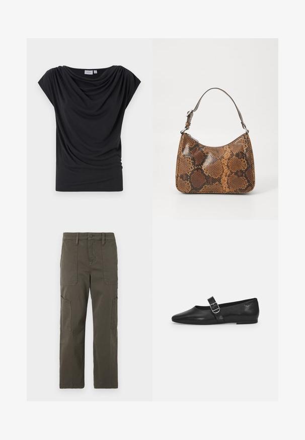 Camiseta negra drapeada hecha de tejido suave, con un escote amplio y mangas cortas tipo capucha. Textura suave con detalles fruncidos en la parte delantera.; Good American CROPPED PANTS - Pantalones cargo - fatigue; Zapato plano de cuero negro con punta redondeada, una sola correa ajustable con hebilla y una textura suave y brillante. Diseño minimalista con un tacón bajo.; Pequeño bolso de mano con un patrón de piel de serpiente marrón y negro, correa corta ajustable y cierre de cremallera.