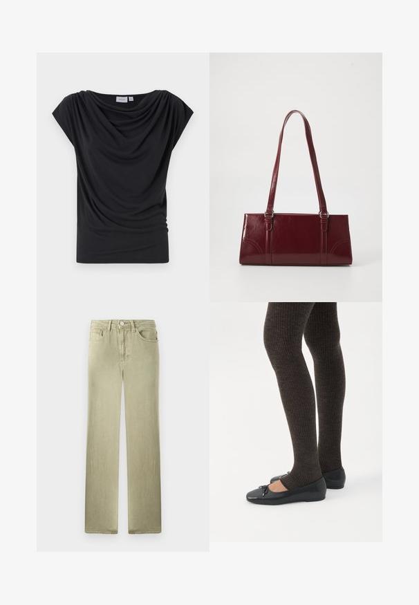 Sort draperet t-shirt lavet af blødt stof, med bred halsudskæring og korte ærmer. Glat tekstur med samlede detaljer på forsiden.; Beige straight-leg jeans med for- og baglommer, knap- og lynlås-lukning, vist mod en hvid baggrund.; Ben iført mørke ribbede leggings kombineret med sorte balletsko med små sløjfedetaljer på hvid baggrund.; Bordeaux håndtaske lavet af glansfuldt materiale, rektangulær form, med to skulderremme og subtile buede detaljer på forsiden.